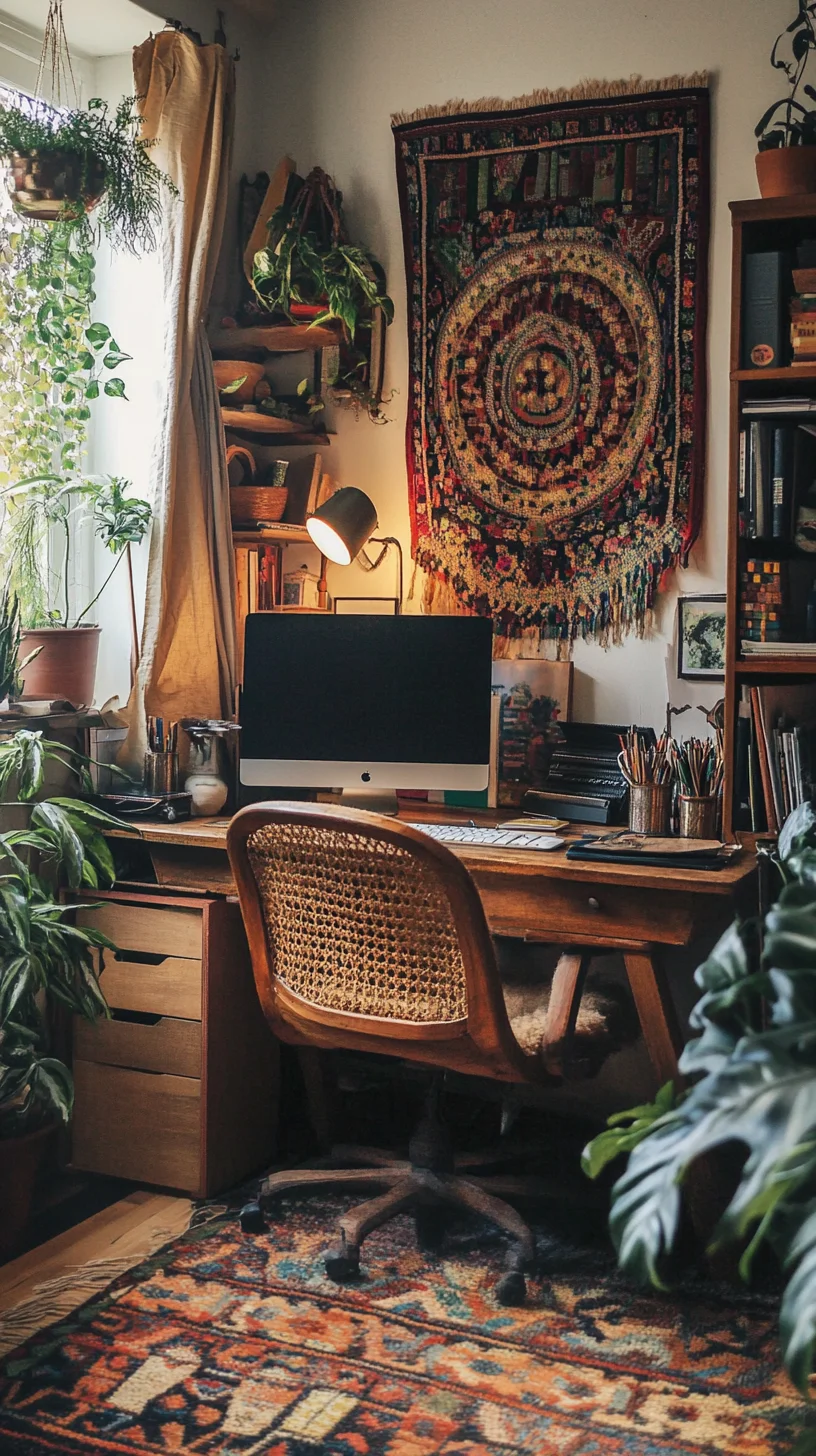 Bohemian Oasis: Infuse Your Workspace with Vibrant Greenery and Cozy Textiles