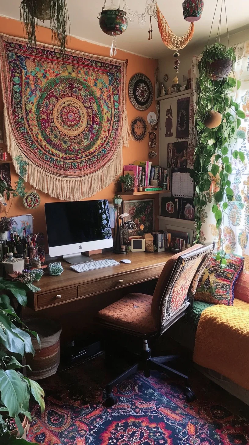 Cozy Bohemian Workspace: Infuse Creativity with Vibrant Textiles and Greenery