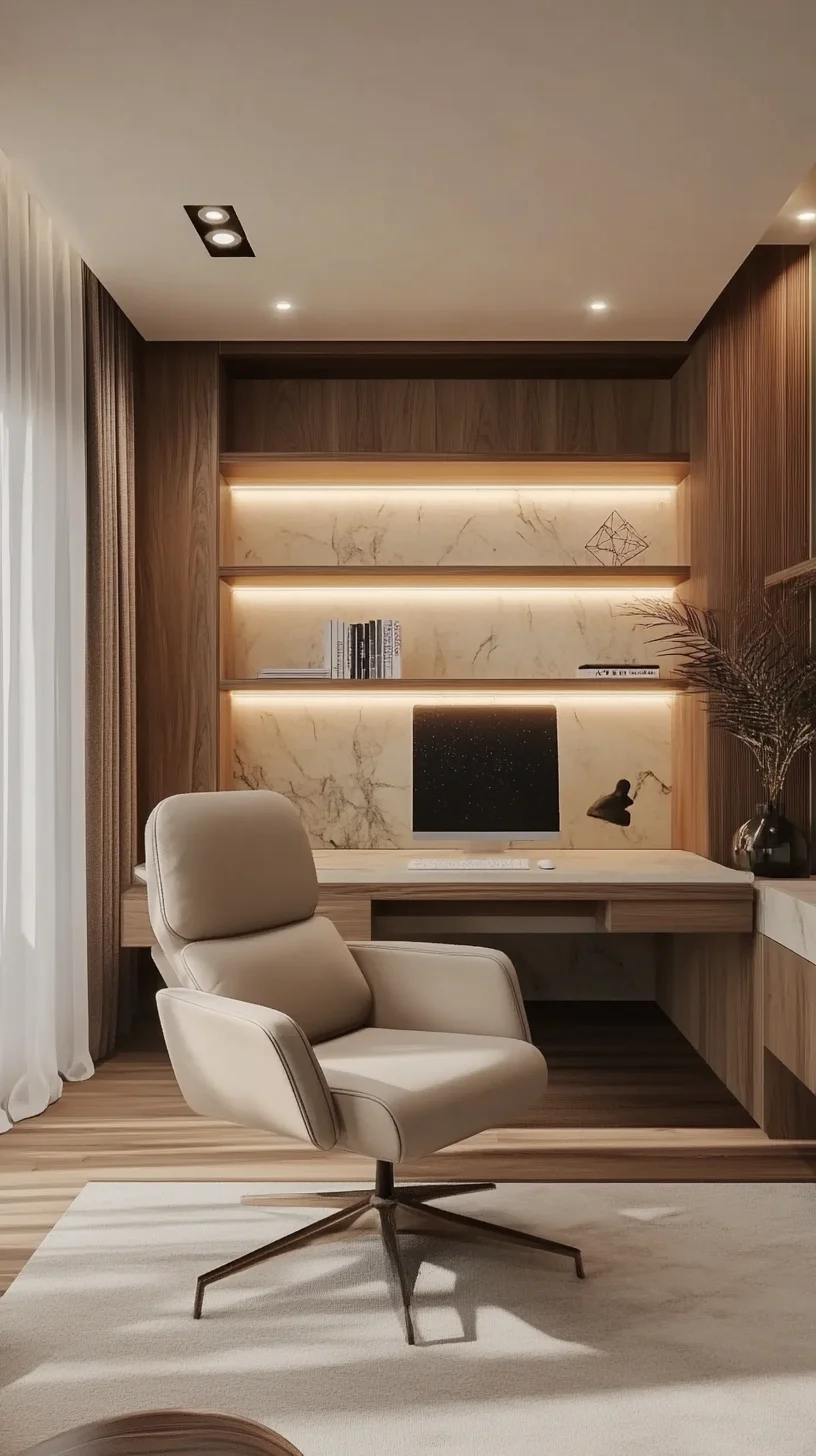 Create a Cozy Modern Workspace with Warm Wood Tones and Minimalist Design