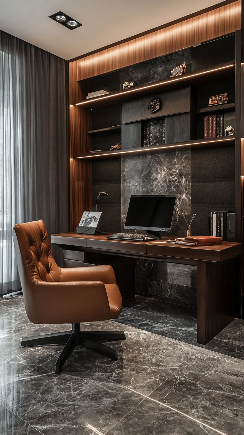 Elevate Your Home Office with Luxurious Modern Marble and Warm Leather Accents