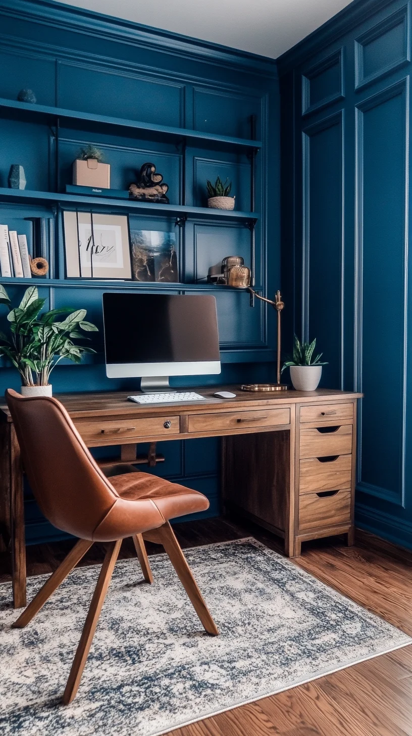 Elevate Your Workspace: Chic Blue and Wood Décor for a Stylish Home Office