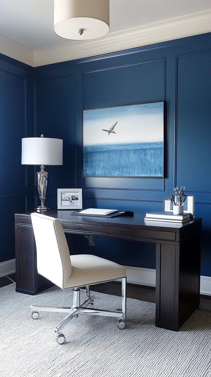 Elevate Your Workspace: Stylish Serenity with a Deep Blue Accent Wall