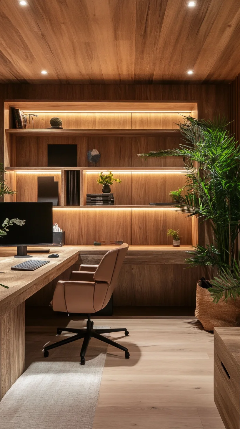 Elevate Your Workspace with Warm Wood Tones and Cozy Lighting