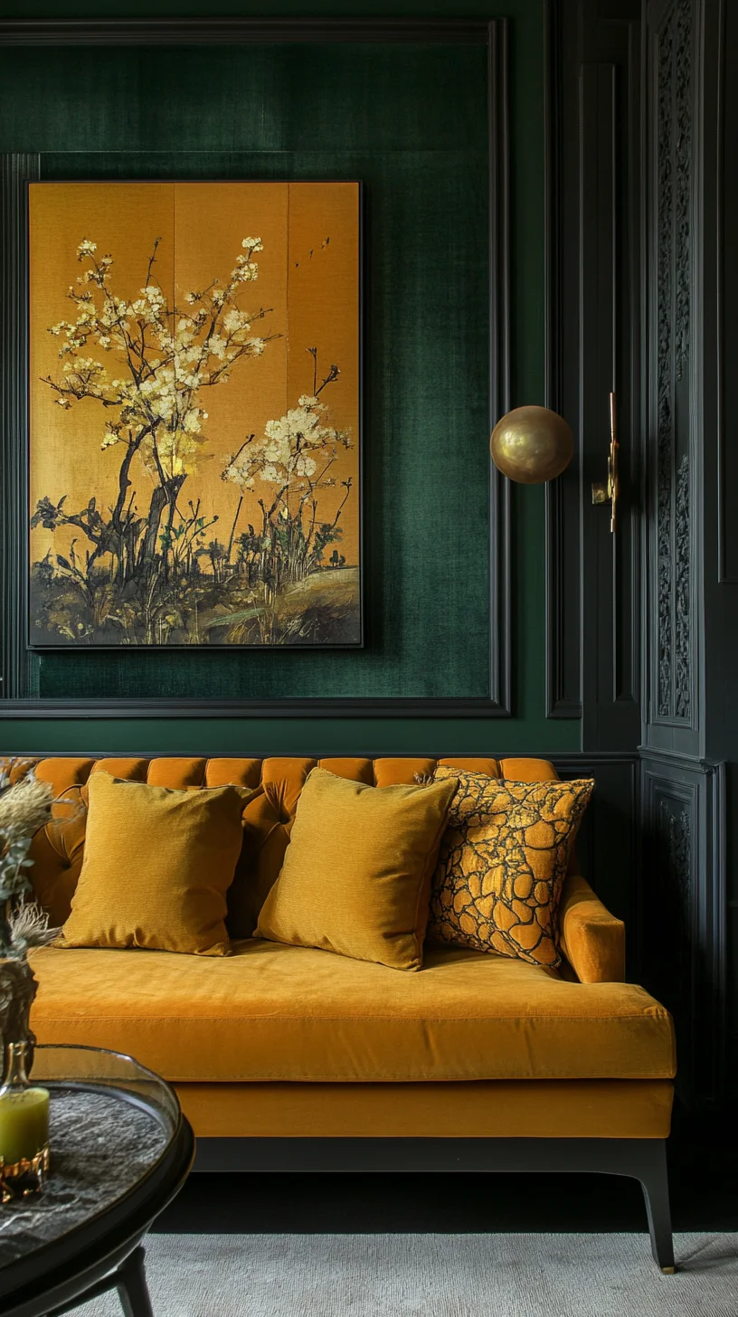 Embrace Bold Elegance: Luxe Mustard Velvet Sofa with Artistic Flair