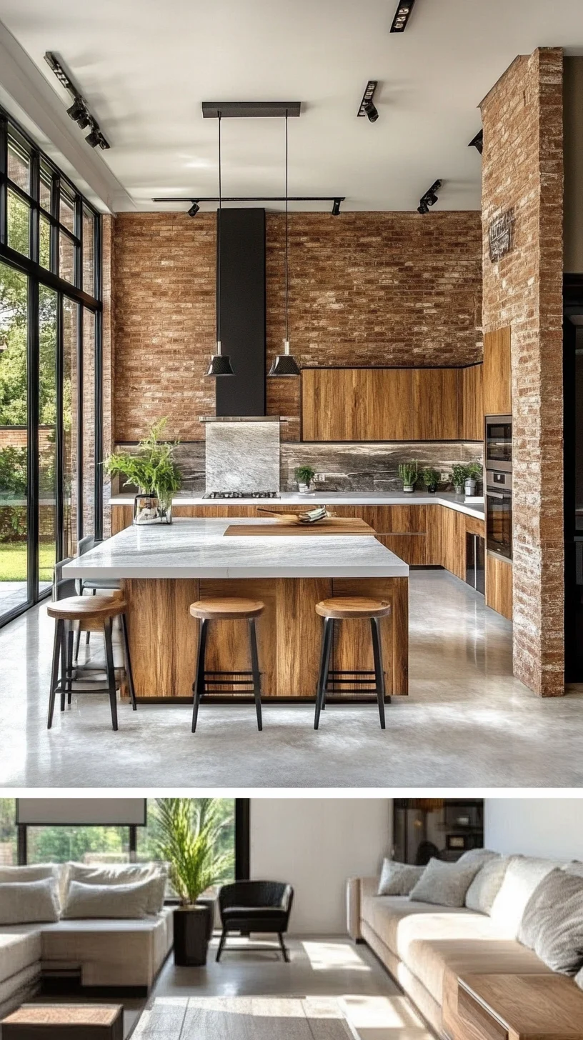 Embrace Industrial Elegance: Stylish Brick & Wood Kitchen and Cozy Living Space