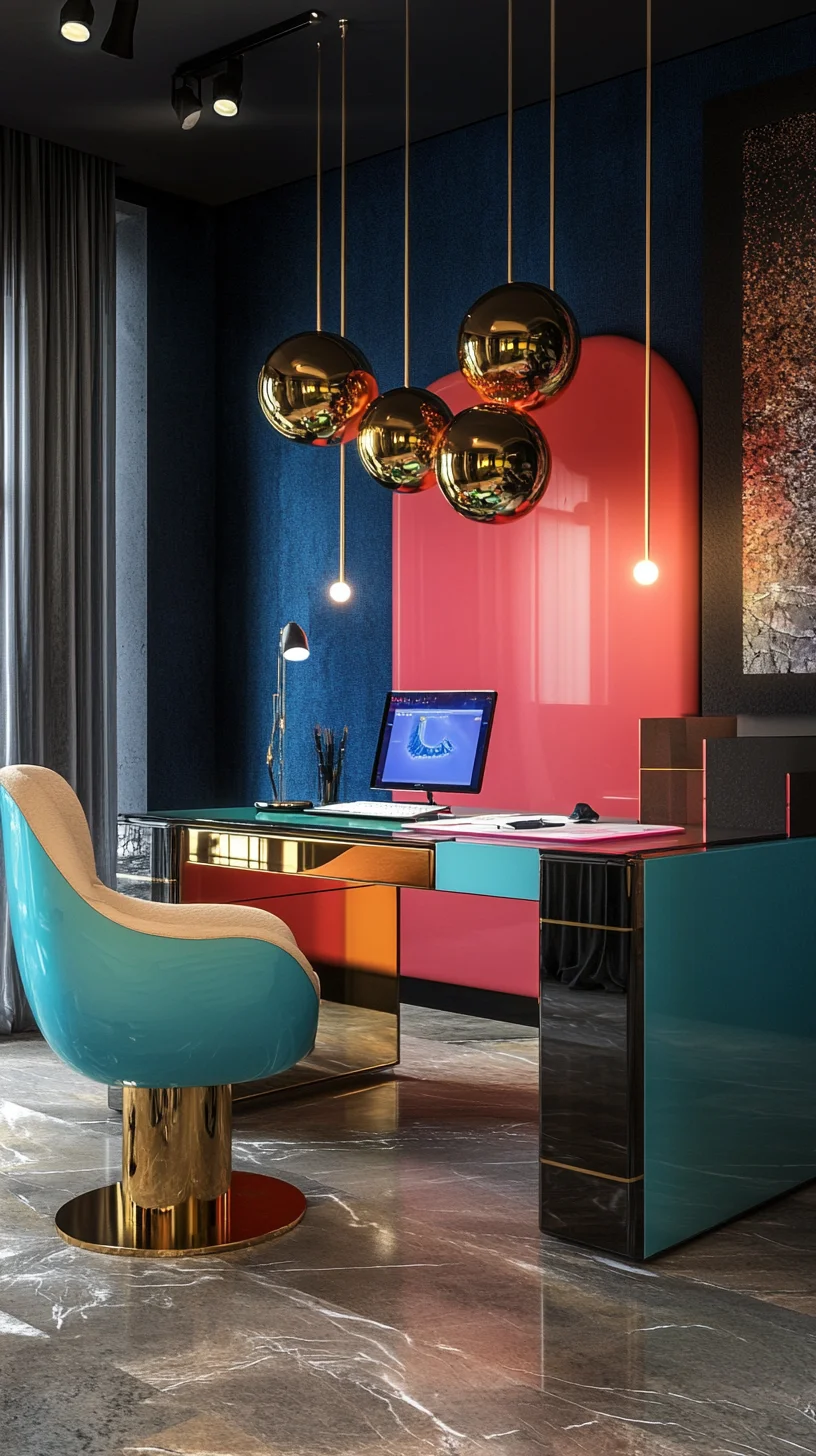 Embrace Modern Glam: Stunning Home Office with Bold Colors and Sleek Design