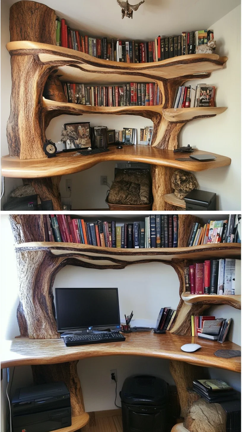 Embrace Nature: Rustic Wood Shelving for a Cozy, Unique Home Office