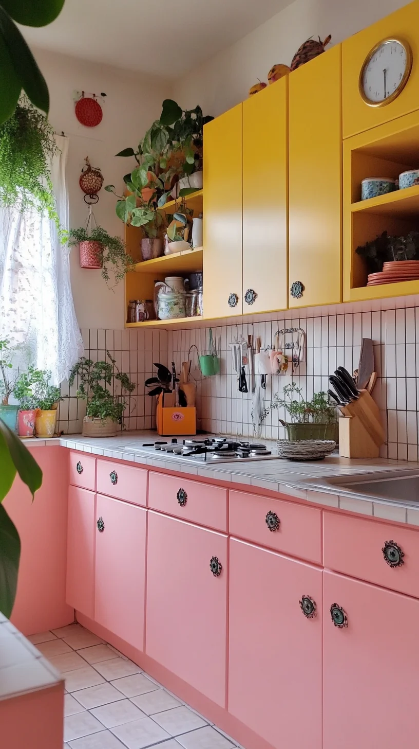 Embrace Retro Vibes: A Cheerful Kitchen with Playful Peach and Sunny Yellow Accents