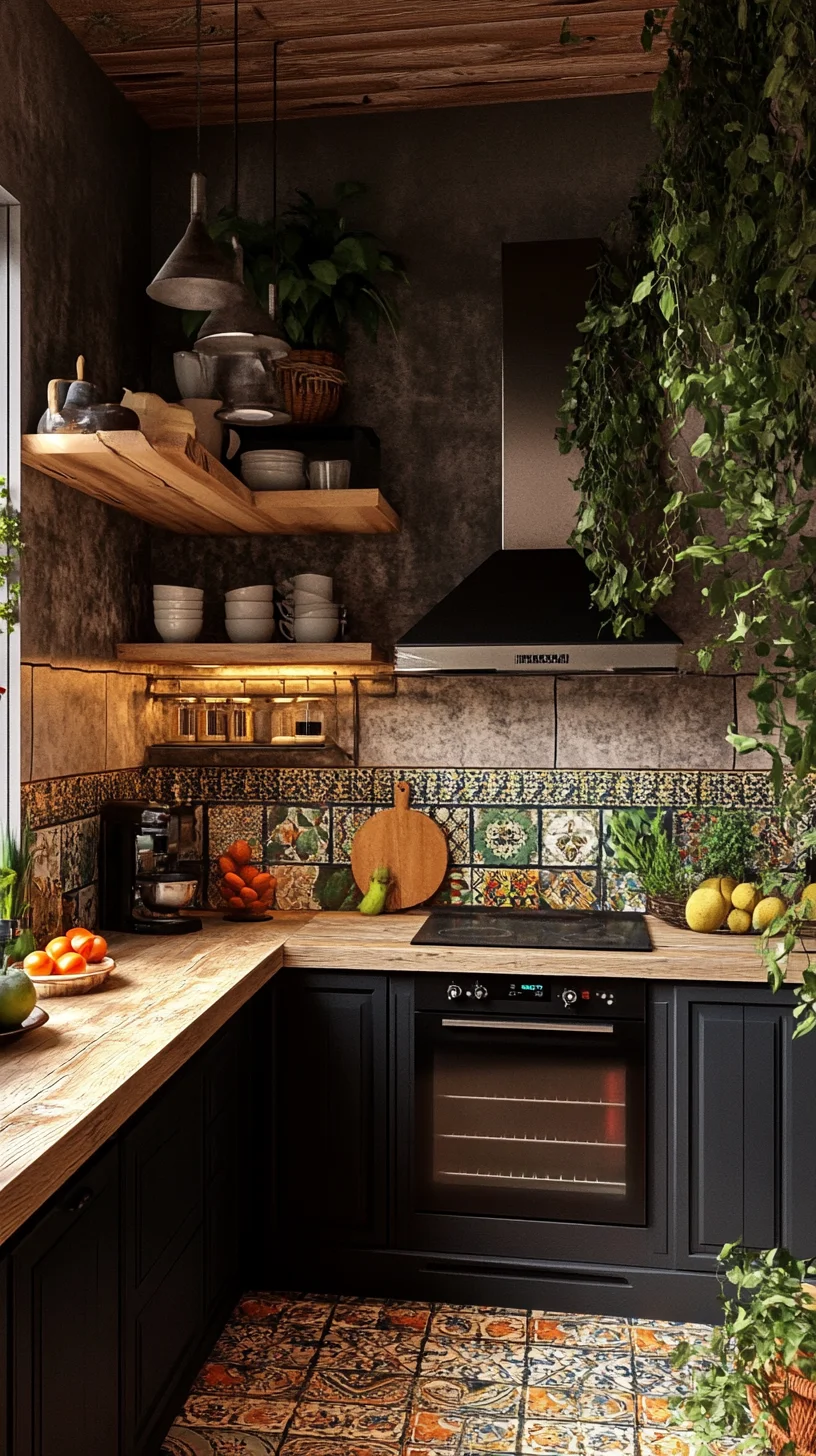 Embrace Rustic Charm: A Stylish Kitchen with Vibrant Tile and Natural Accents