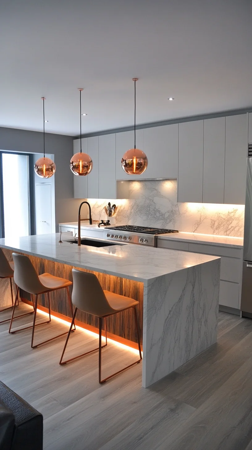 Modern Elegance: Sleek Marble Kitchen Design with Copper Accents