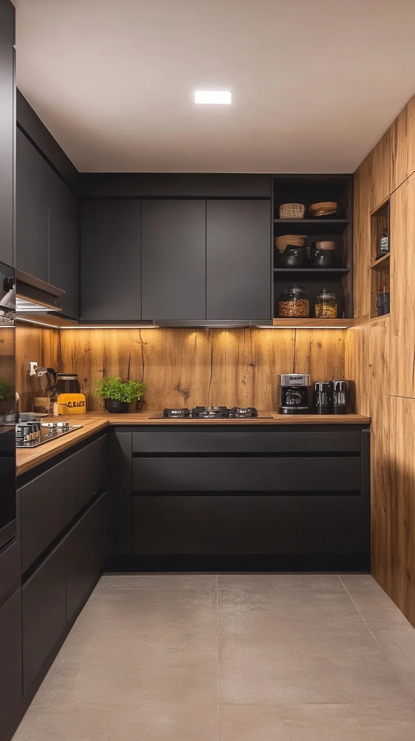 Modern Minimalism: Effortlessly Chic Kitchen Design with Sleek Black and Wood Accents