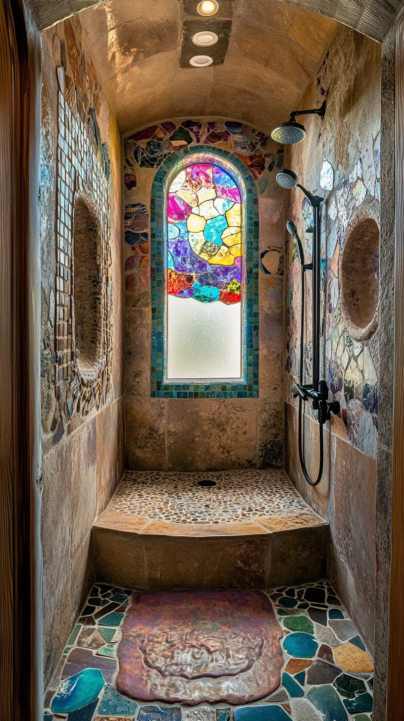 Transform Your Shower: Embrace Nature with a Stunning Stone and Stained Glass Sanctuary