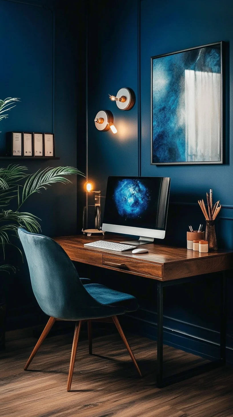 Transform Your Workspace with Vibrant Blue Tones and Cozy Accents