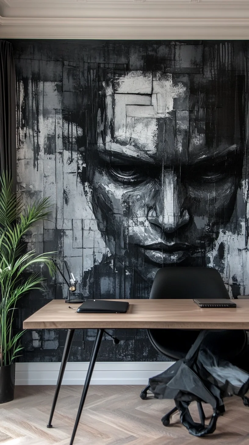 Urban Elegance: Bold Black-and-White Mural for a Modern Home Office